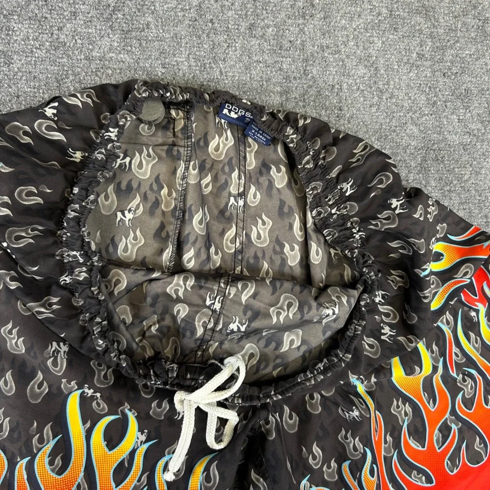 Big Dogs Mens Flame Print Swim Trunks XL Grey Red Fire Logo Board Shorts Y2K